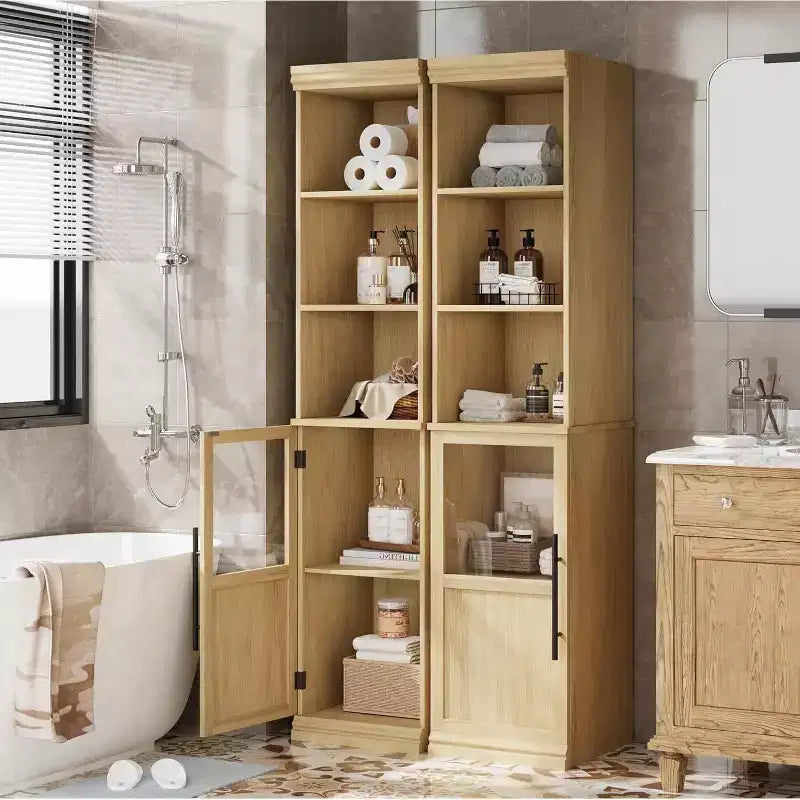 Meuble de rangement haut et étroit de 178 cm avec porte en verre, étagères ouvertes, meuble de salle de bain autoportant et mince pour petits espaces, cuisine, buanderie, salon