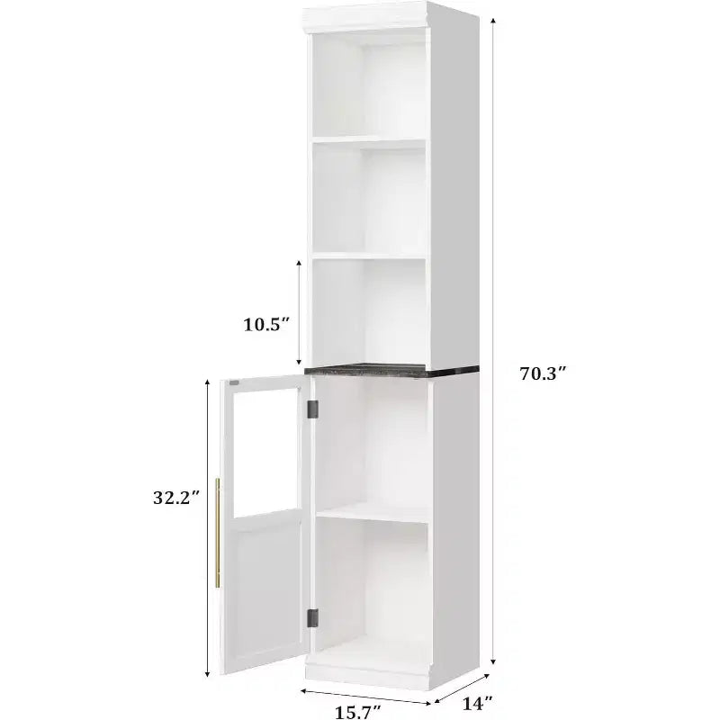 Meuble de rangement haut et étroit de 178 cm avec porte en verre, étagères ouvertes, meuble de salle de bain autoportant et mince pour petits espaces, cuisine, buanderie, salon