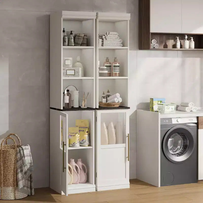 Meuble de rangement haut et étroit de 178 cm avec porte en verre, étagères ouvertes, meuble de salle de bain autoportant et mince pour petits espaces, cuisine, buanderie, salon