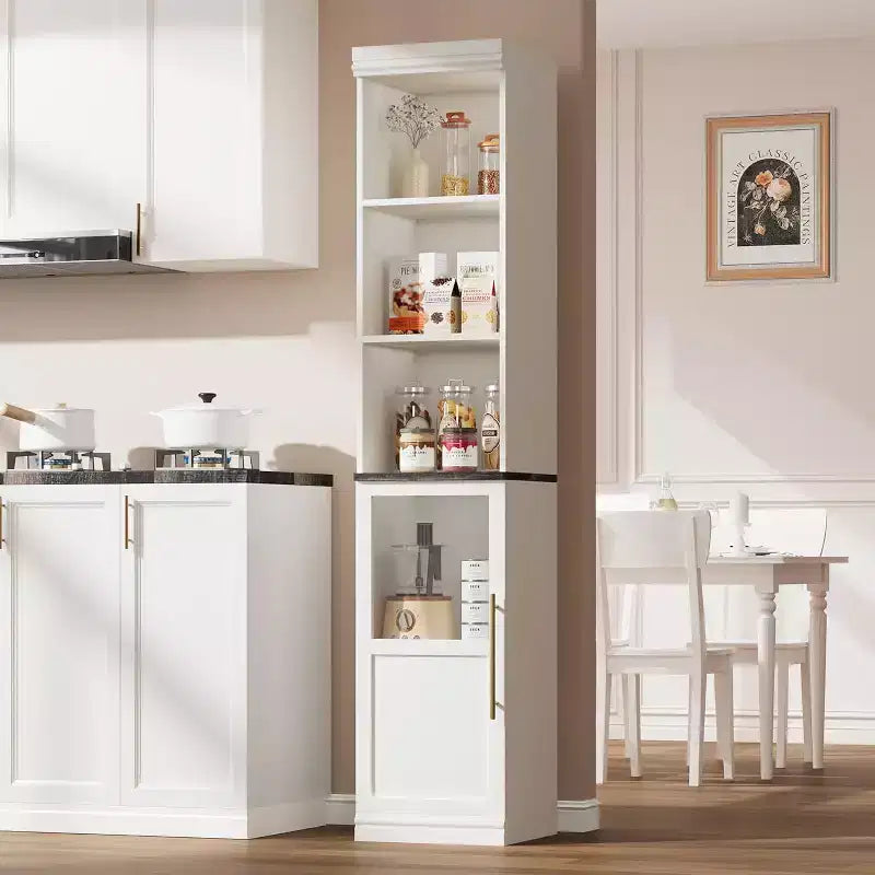 Meuble de rangement haut et étroit de 178 cm avec porte en verre, étagères ouvertes, meuble de salle de bain autoportant et mince pour petits espaces, cuisine, buanderie, salon