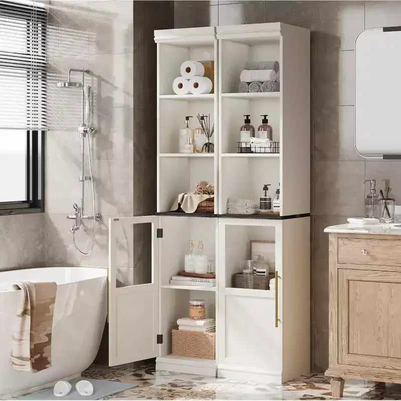 Meuble de rangement haut et étroit de 178 cm avec porte en verre, étagères ouvertes, meuble de salle de bain autoportant et mince pour petits espaces, cuisine, buanderie, salon