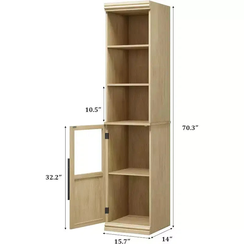 Meuble de rangement haut et étroit de 178 cm avec porte en verre, étagères ouvertes, meuble de salle de bain autoportant et mince pour petits espaces, cuisine, buanderie, salon