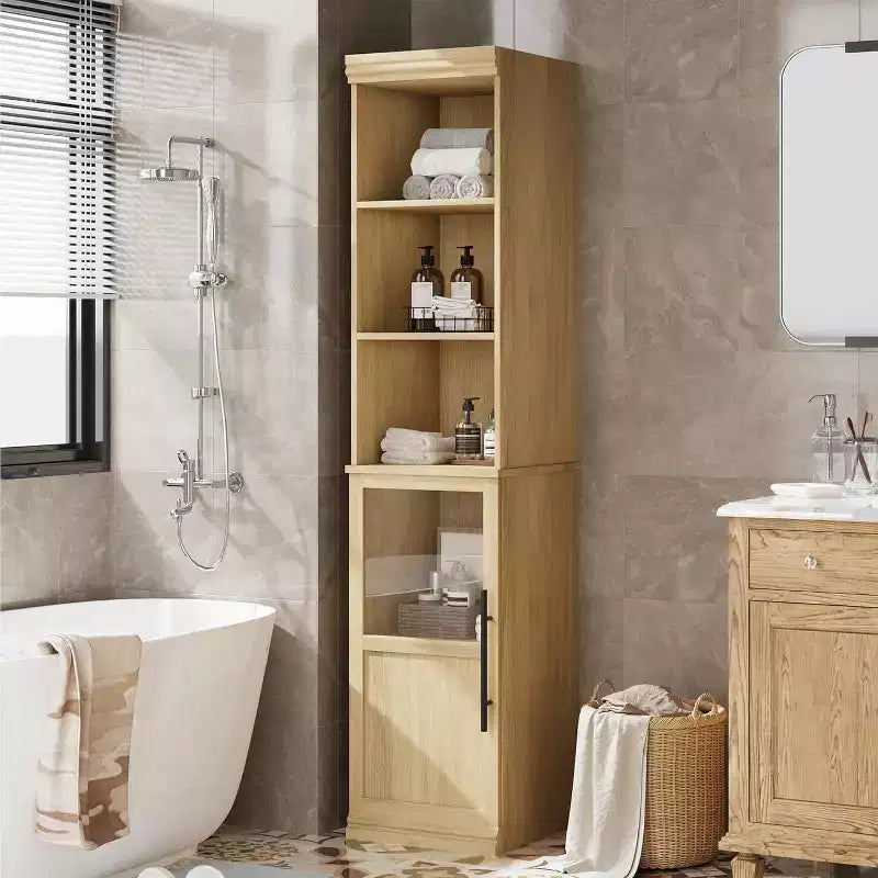 Meuble de rangement haut et étroit de 178 cm avec porte en verre, étagères ouvertes, meuble de salle de bain autoportant et mince pour petits espaces, cuisine, buanderie, salon