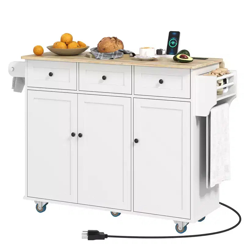Îlot de cuisine roulant avec station de recharge, abattant et 3 tiroirs
