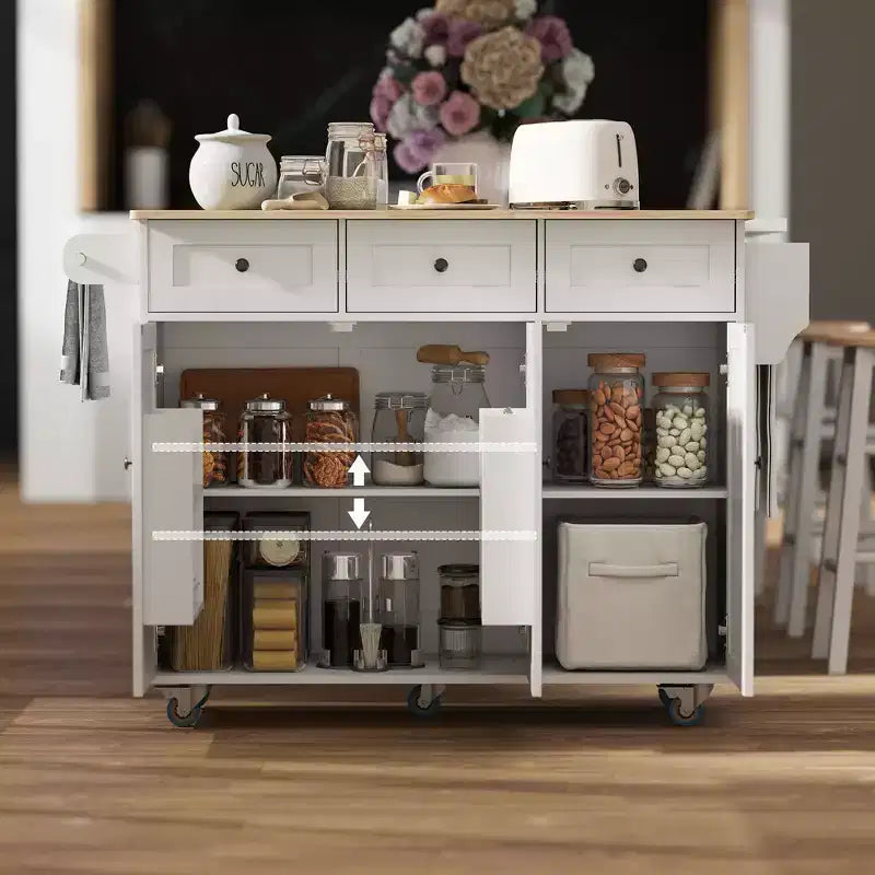 Îlot de cuisine roulant avec station de recharge, abattant et 3 tiroirs