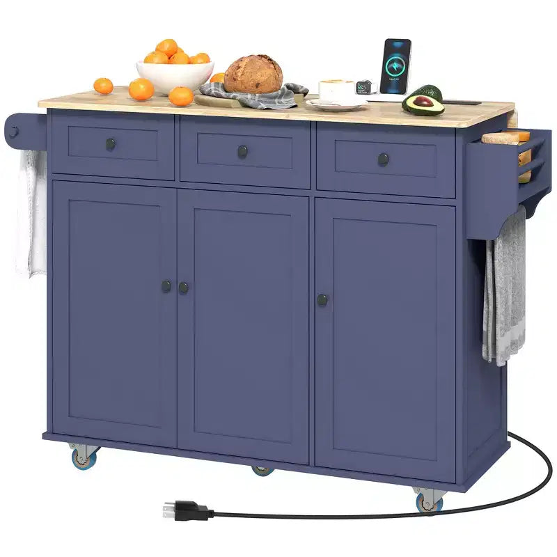 Îlot de cuisine roulant avec station de recharge, abattant et 3 tiroirs