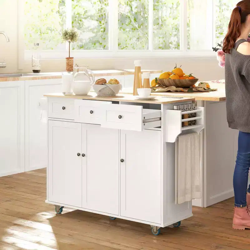 Îlot de cuisine roulant avec station de recharge, abattant et 3 tiroirs