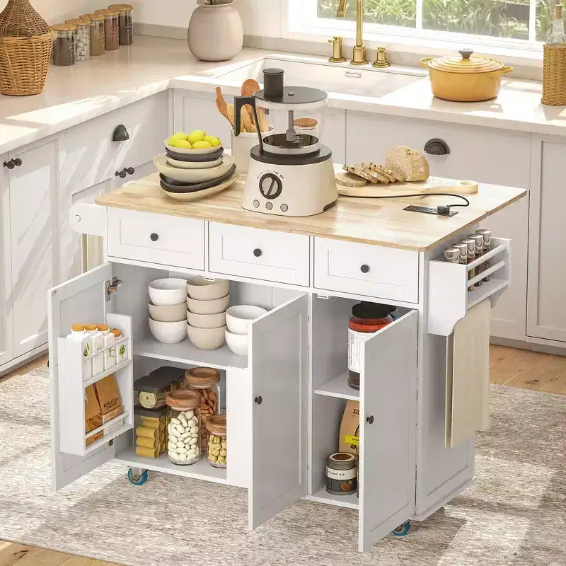 Îlot de cuisine roulant avec station de recharge, abattant et 3 tiroirs