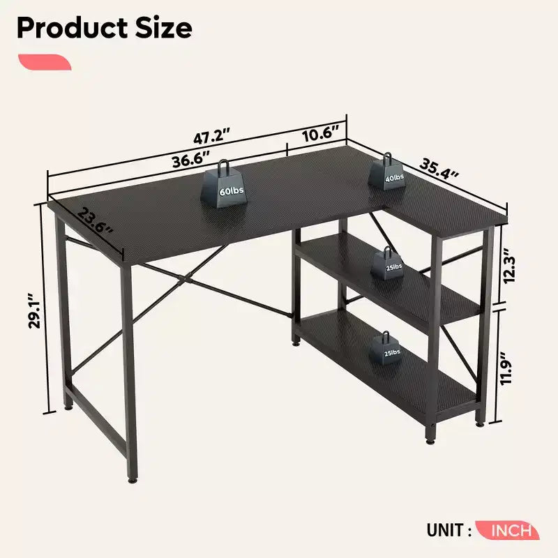 Bureau d'angle en L de 120 cm avec étagères de rangement, poste de travail pour bureau à domicile