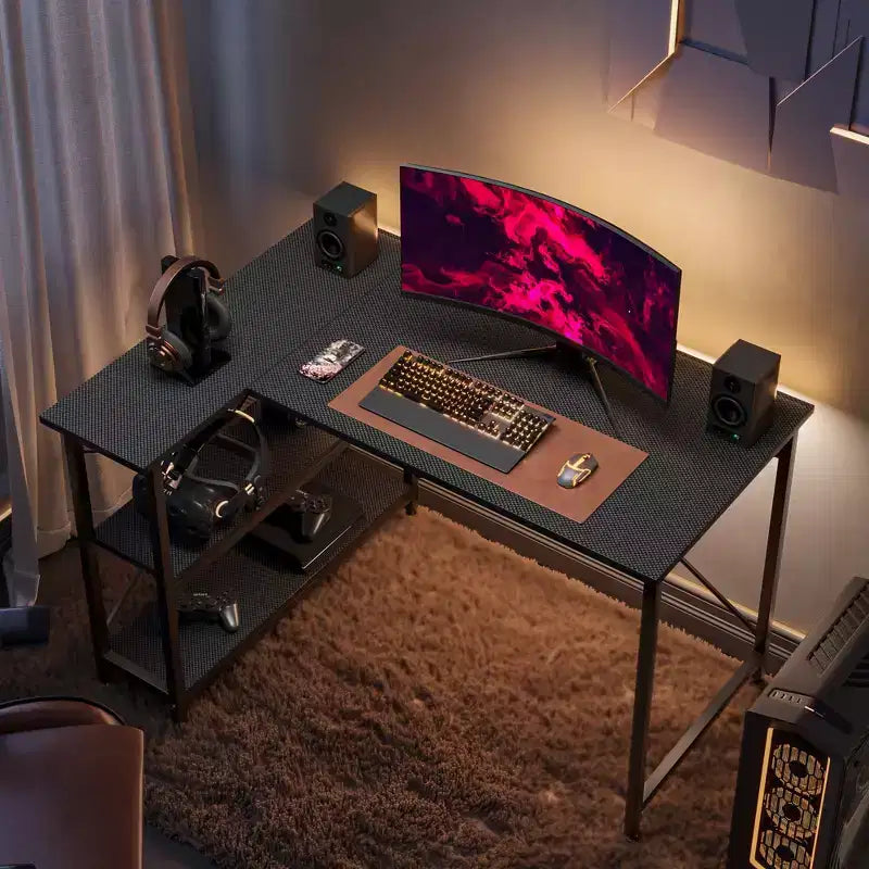 Bureau d'angle en L de 120 cm avec étagères de rangement, poste de travail pour bureau à domicile