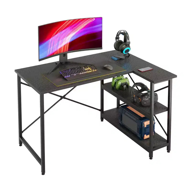 Bureau d'angle en L de 120 cm avec étagères de rangement, poste de travail pour bureau à domicile