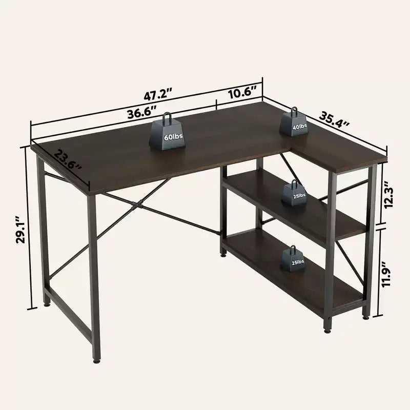 Bureau d'angle en L de 120 cm avec étagères de rangement, poste de travail pour bureau à domicile