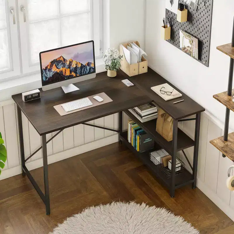 Bureau d'angle en L de 120 cm avec étagères de rangement, poste de travail pour bureau à domicile