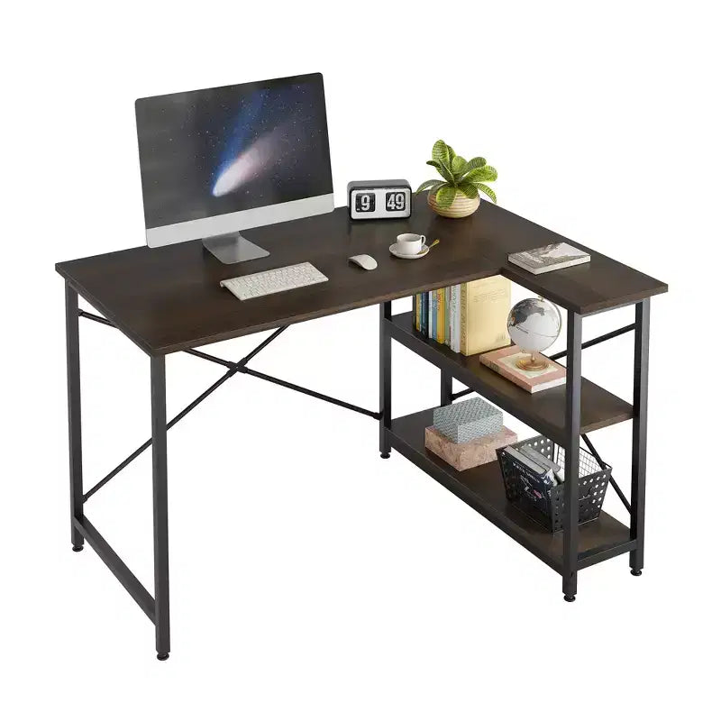 Bureau d'angle en L de 120 cm avec étagères de rangement, poste de travail pour bureau à domicile