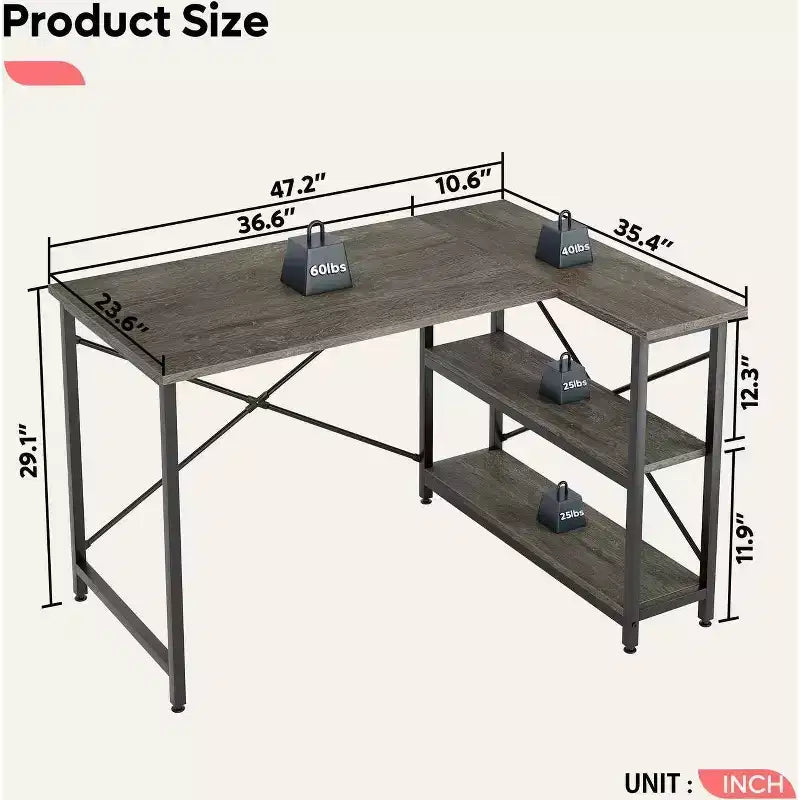 Bureau d'angle en L de 120 cm avec étagères de rangement, poste de travail pour bureau à domicile