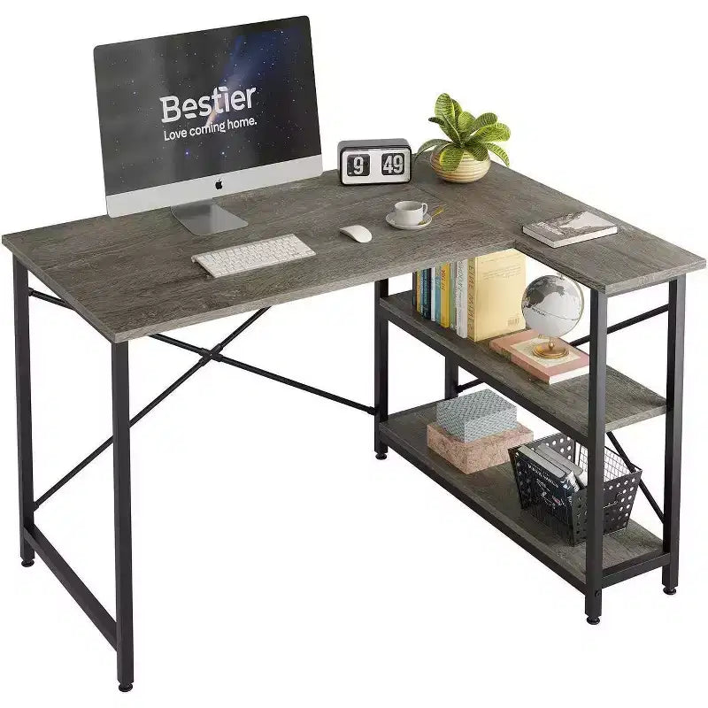 Bureau d'angle en L de 120 cm avec étagères de rangement, poste de travail pour bureau à domicile