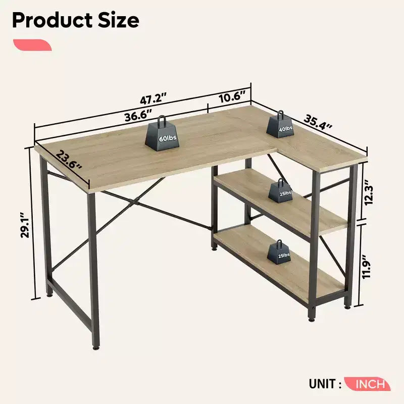 Bureau d'angle en L de 120 cm avec étagères de rangement, poste de travail pour bureau à domicile
