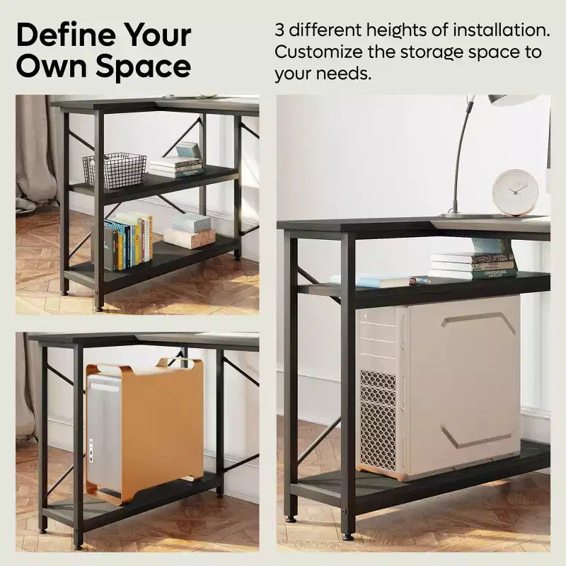 Bureau d'angle en L de 120 cm avec étagères de rangement, poste de travail pour bureau à domicile