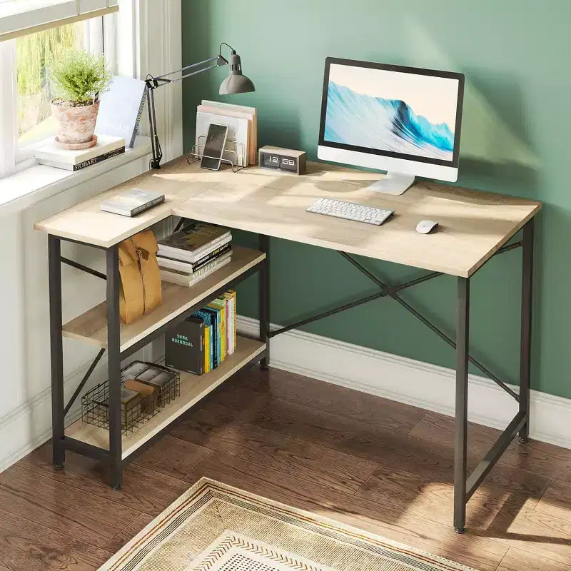 Bureau d'angle en L de 120 cm avec étagères de rangement, poste de travail pour bureau à domicile