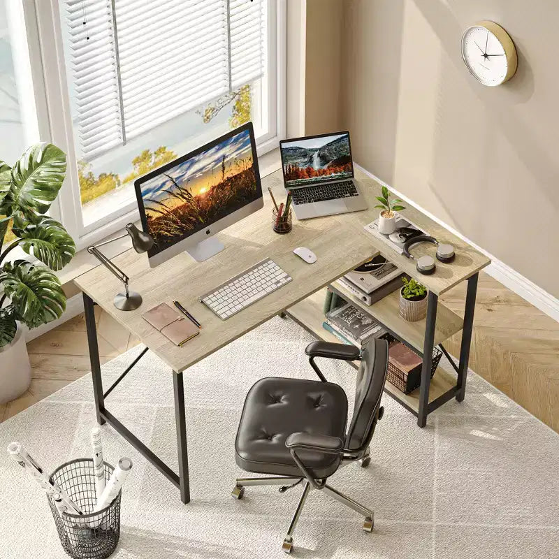 Bureau d'angle en L de 120 cm avec étagères de rangement, poste de travail pour bureau à domicile