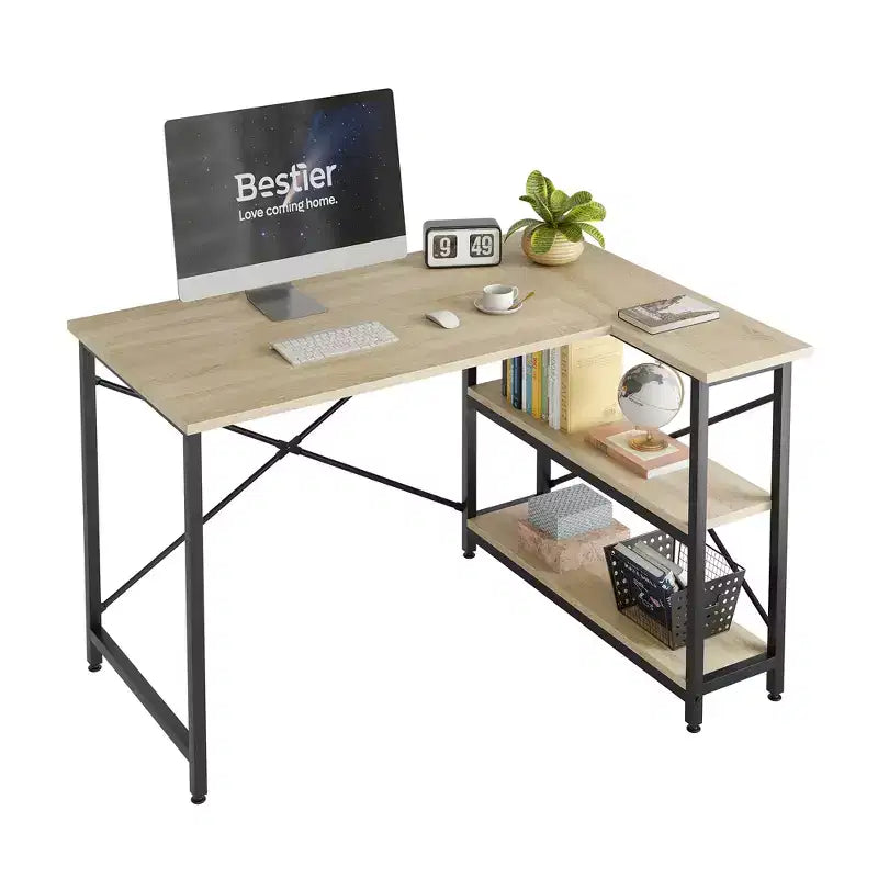 Bureau d'angle en L de 120 cm avec étagères de rangement, poste de travail pour bureau à domicile