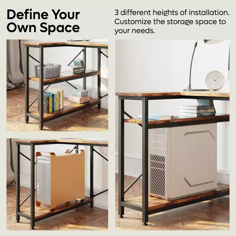 Bureau d'angle en L de 120 cm avec étagères de rangement, poste de travail pour bureau à domicile