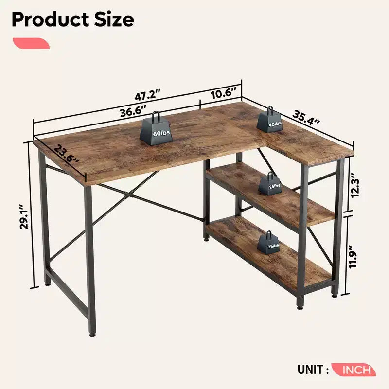 Bureau d'angle en L de 120 cm avec étagères de rangement, poste de travail pour bureau à domicile