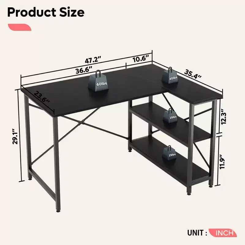 Bureau d'angle en L de 120 cm avec étagères de rangement, poste de travail pour bureau à domicile