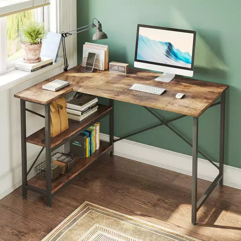Bureau d'angle en L de 120 cm avec étagères de rangement, poste de travail pour bureau à domicile