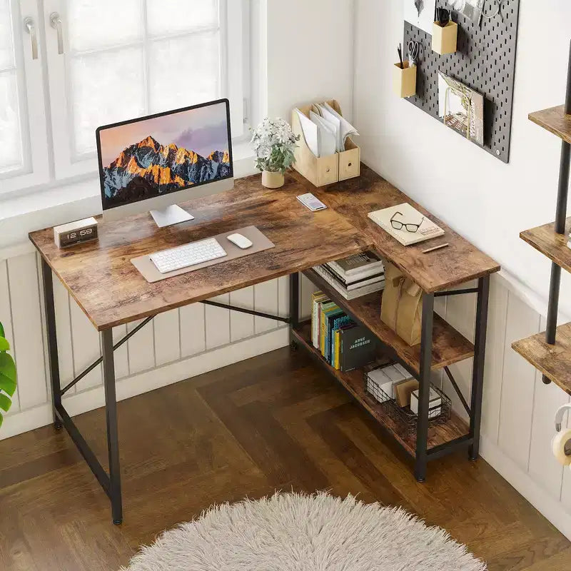 Bureau d'angle en L de 120 cm avec étagères de rangement, poste de travail pour bureau à domicile