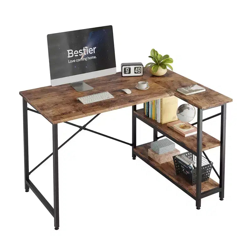 Bureau d'angle en L de 120 cm avec étagères de rangement, poste de travail pour bureau à domicile