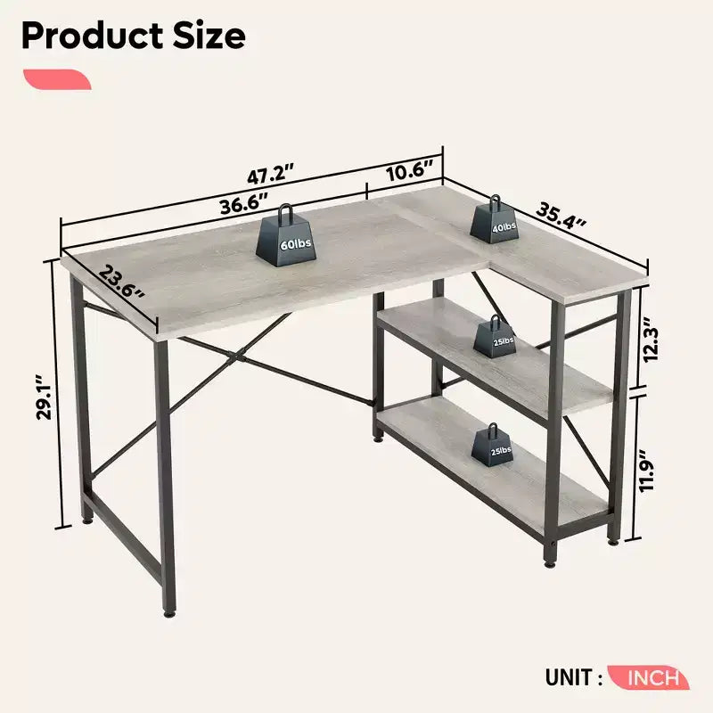 Bureau d'angle en L de 120 cm avec étagères de rangement, poste de travail pour bureau à domicile