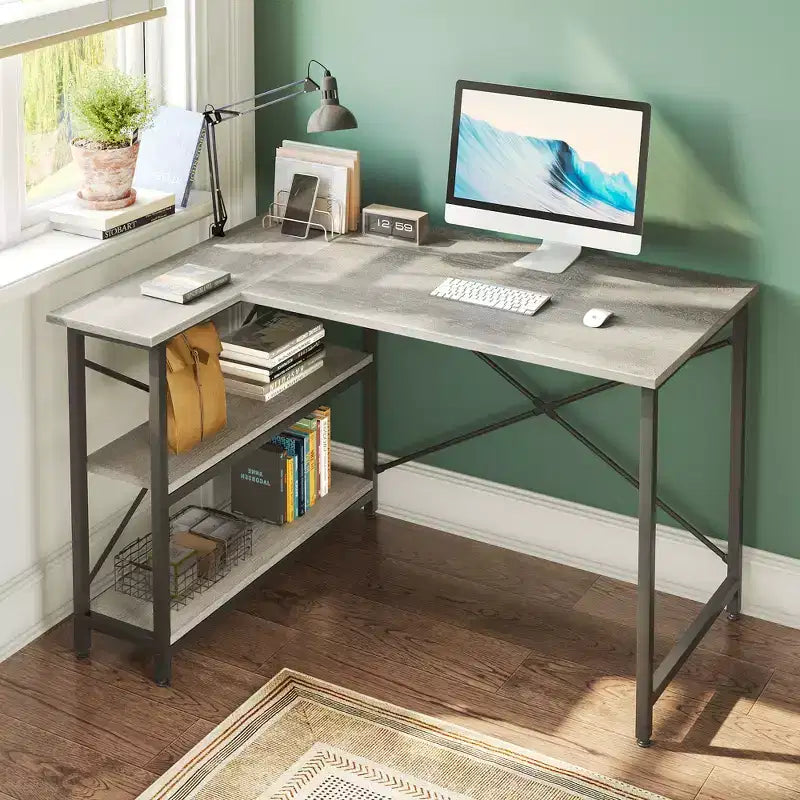 Bureau d'angle en L de 120 cm avec étagères de rangement, poste de travail pour bureau à domicile