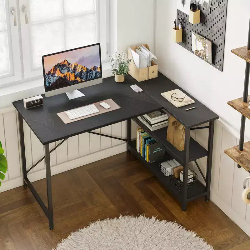 Bureau d'angle en L de 120 cm avec étagères de rangement, poste de travail pour bureau à domicile