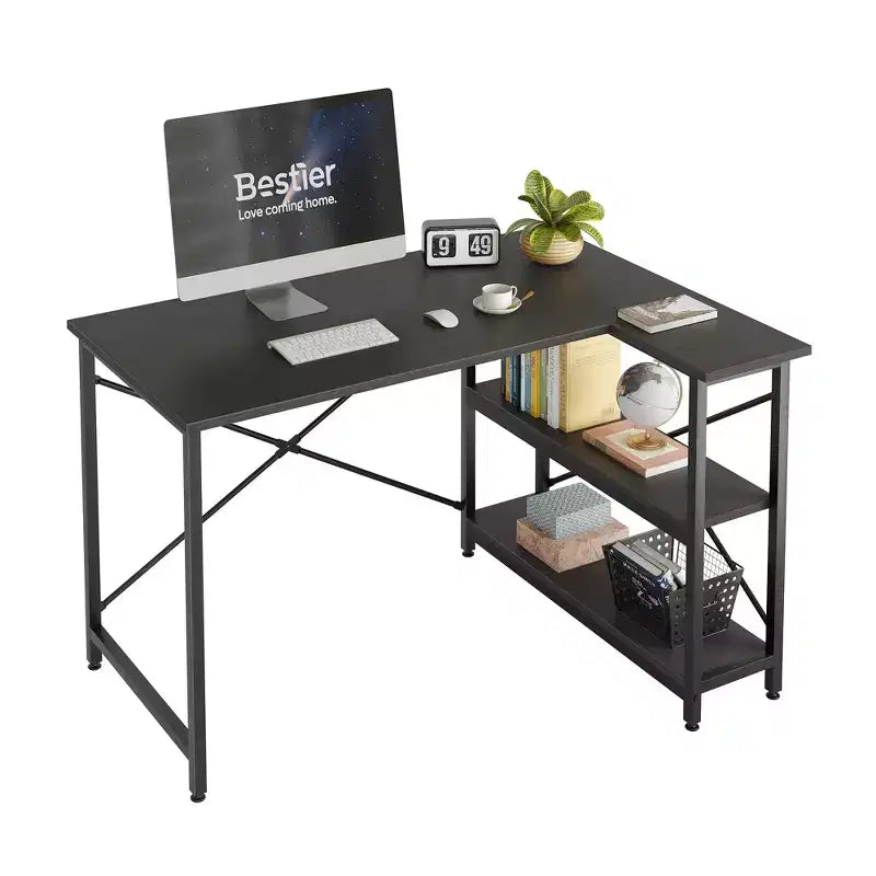 Bureau d'angle en L de 120 cm avec étagères de rangement, poste de travail pour bureau à domicile