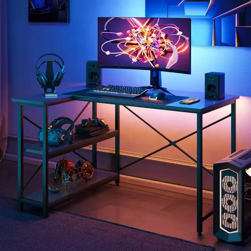 Bureau d'angle en L de 120 cm avec étagères de rangement, poste de travail pour bureau à domicile