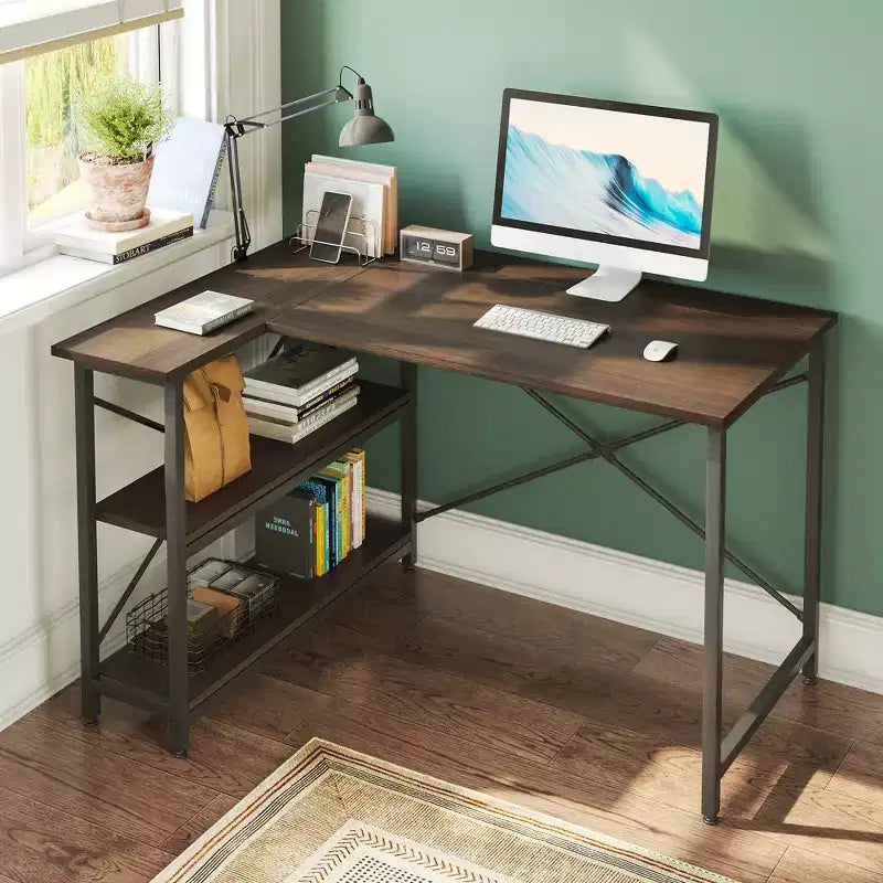 Bureau d'angle en L de 120 cm avec étagères de rangement, poste de travail pour bureau à domicile