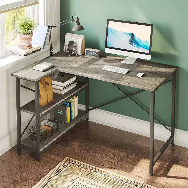 Bureau d'angle en L de 120 cm avec étagères de rangement, poste de travail pour bureau à domicile