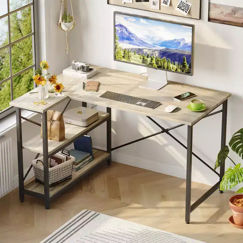 Bureau d'angle en L de 120 cm avec étagères de rangement, poste de travail pour bureau à domicile