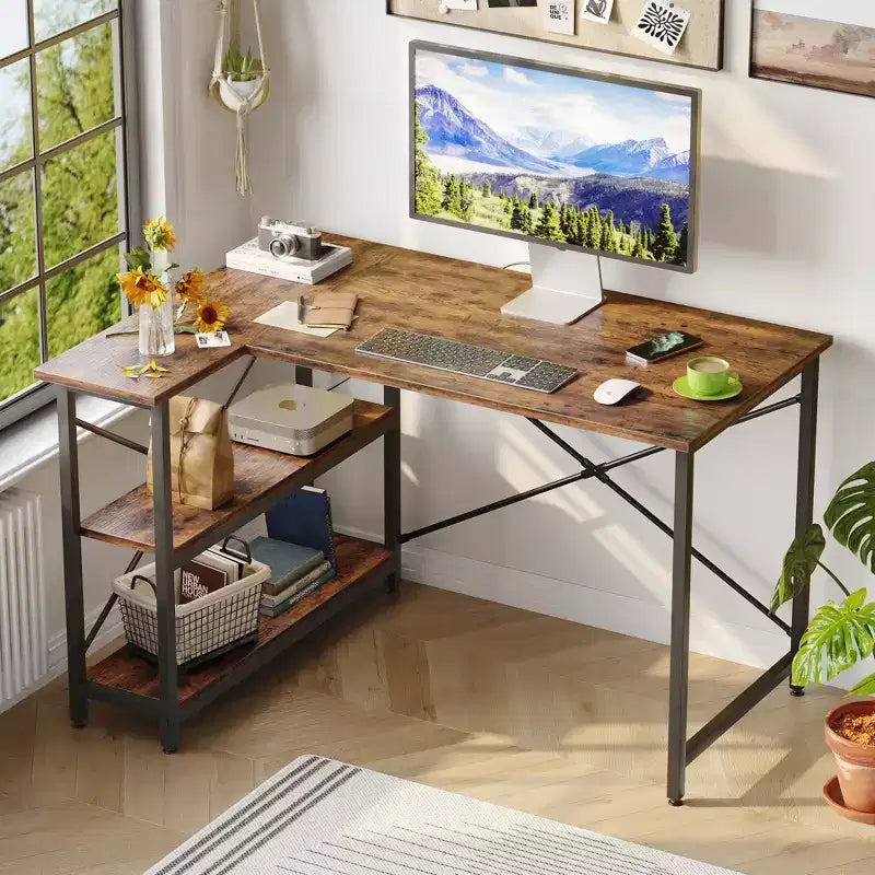 Bureau d'angle en L de 120 cm avec étagères de rangement, poste de travail pour bureau à domicile