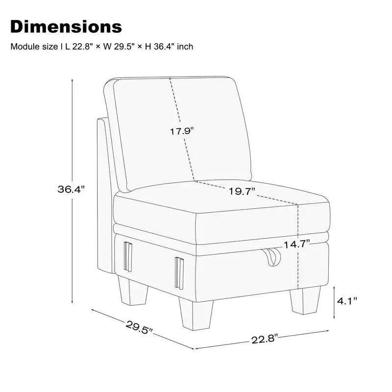 Canapé modulaire une place en chenille de 57,9 cm avec rangement caché, montage sans outil
