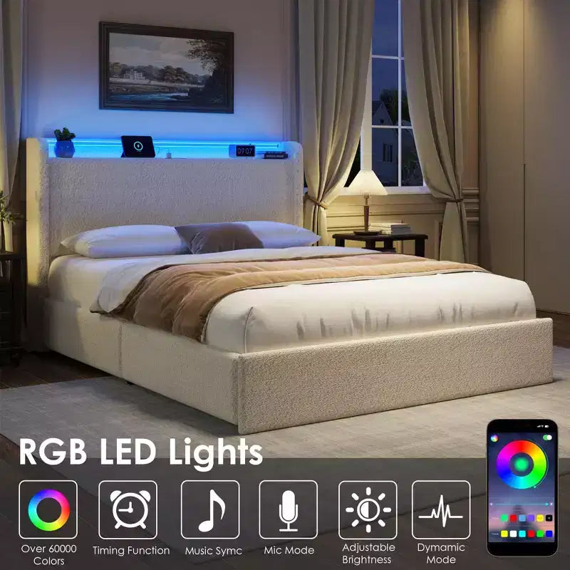Cadre de lit plateforme Boucle avec tête de lit LED RGB, station de recharge et 4 tiroirs de rangement, Crème