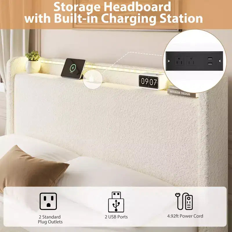 Cadre de lit plateforme Boucle avec tête de lit LED RGB, station de recharge et 4 tiroirs de rangement, Crème