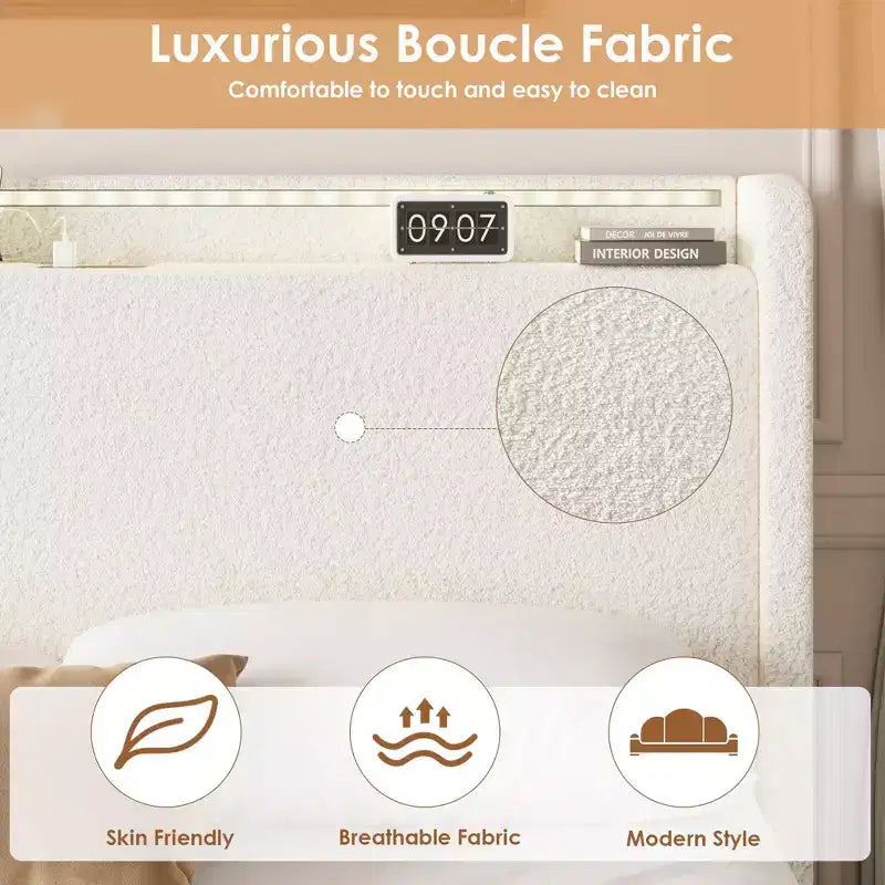Cadre de lit plateforme Boucle avec tête de lit LED RGB, station de recharge et 4 tiroirs de rangement, Crème