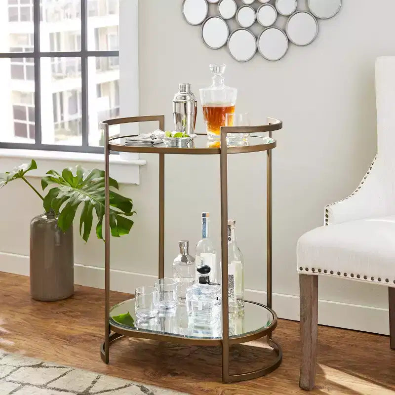 Table de bar glam avec miroir et cadre doré, 2 étagères et porte-serviettes, 66 cm de large