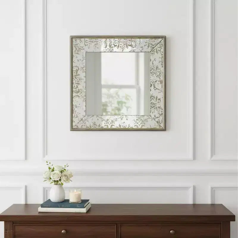 Miroir mural décoratif damassé vieilli, 38 cm, cadre en bois brun