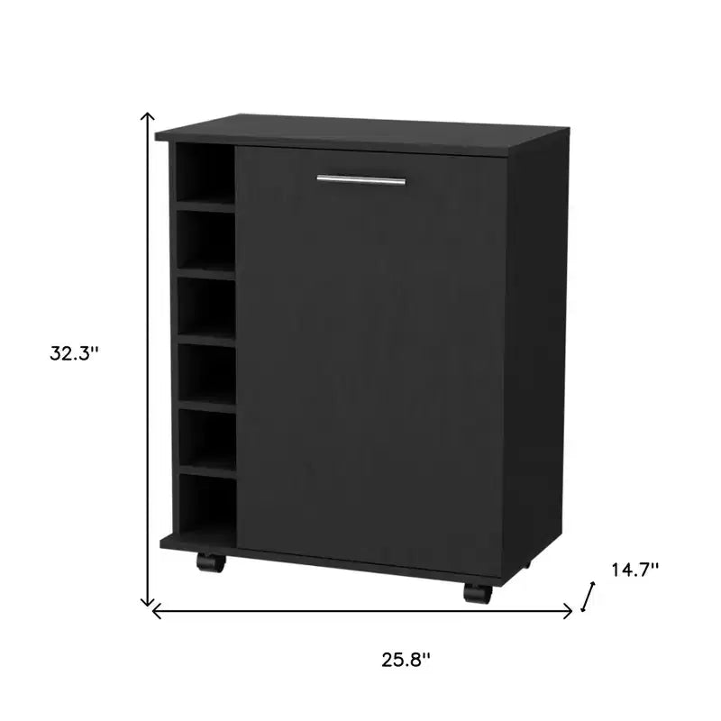 Desserte de bar roulante noire avec rangement pour vin et placards, en bois manufacturé