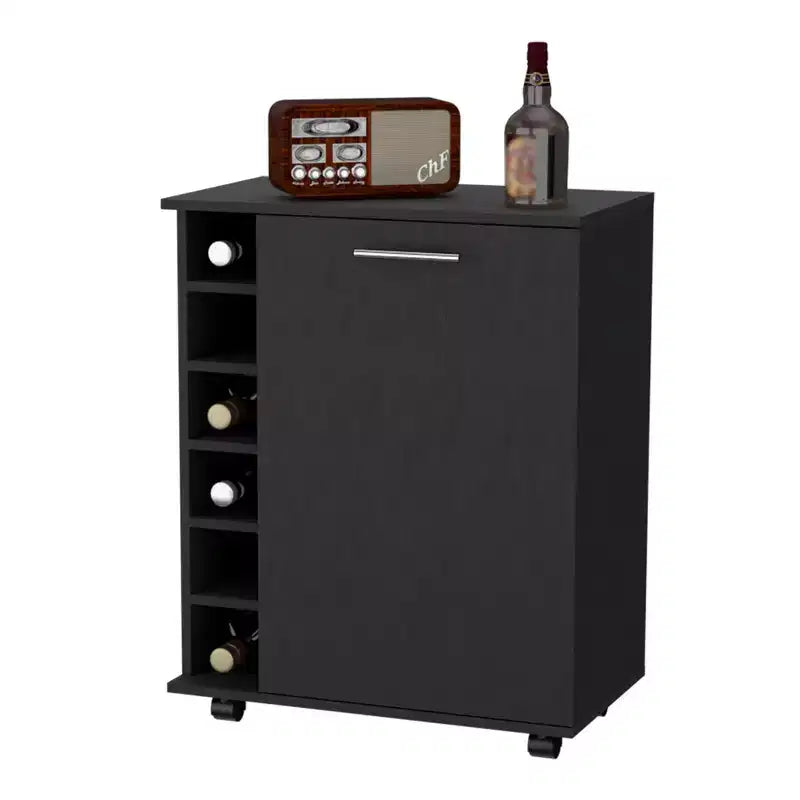 Desserte de bar roulante noire avec rangement pour vin et placards, en bois manufacturé