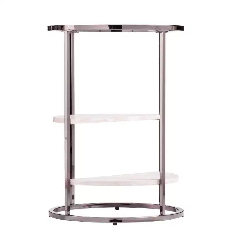 Table d'appoint contemporaine ronde avec étagères en faux travertin et plateau en verre trempé, noir, 17"