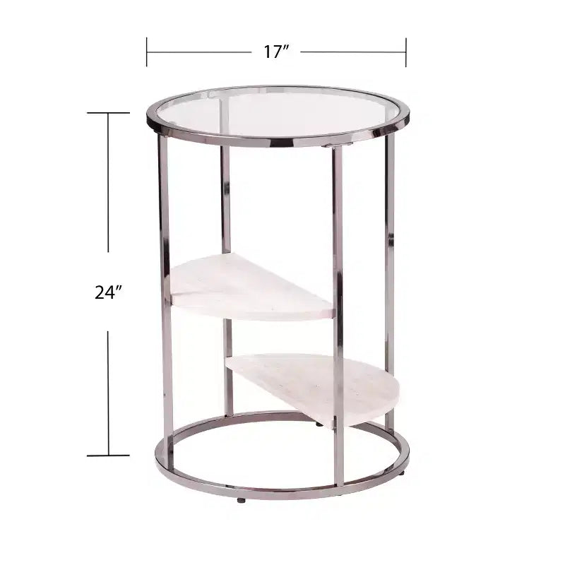 Table d'appoint contemporaine ronde avec étagères en faux travertin et plateau en verre trempé, noir, 17"